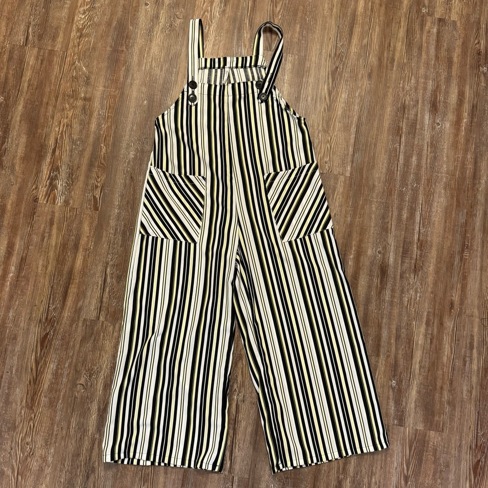 Jupee black, white, and yellow striped tank romper